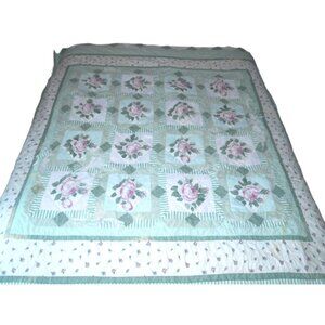 Vintage handmade quilt white, pink & green with lace 78 x 78" NEEDS REPAIR